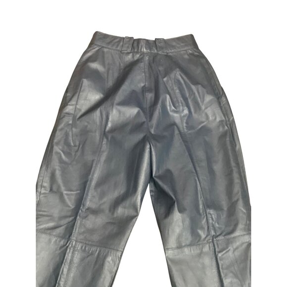 Vintage 80s Navy Blue Leather High Waist Pleated Tapered Pants Korea Sz 4 - Picture 11 of 15